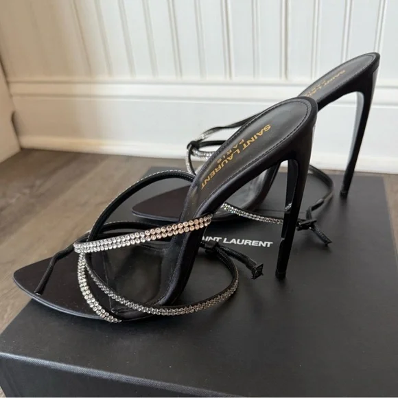 ❗️SOLD❗️Saint Laurent 110mm rhinestone-embellished straps sandals heels black - Picture 6 of 8